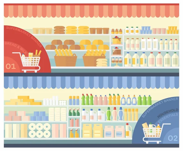 L'intérieur du supermarché avec de la nourriture et des produits de nettoyage ménagers — Image vectorielle