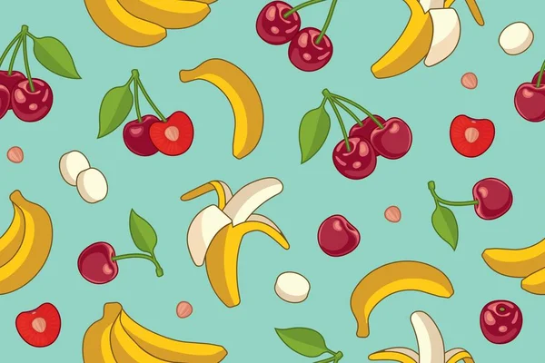 Seamless pattern with cherries and bananas. — Stock Vector