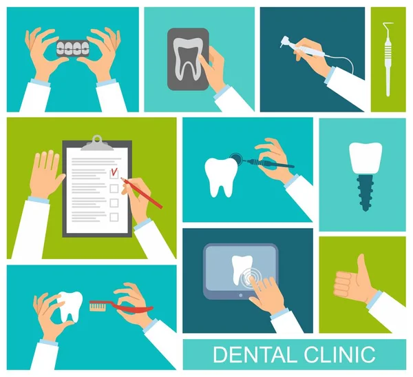 Mains de dentiste tenant des outils, une brosse à dents, une radiographie et un questionnaire — Image vectorielle