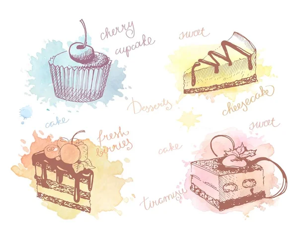 Colored sketches of cupcakes, berry pie and cake — Stock Vector