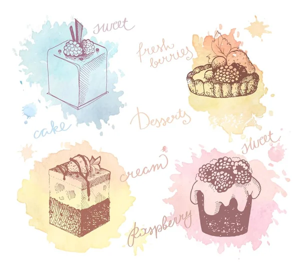 Desenhos coloridos de cupcakes, torta de baga e bolo — Vetor de Stock