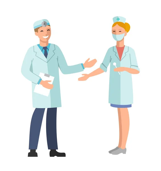 Doutor e Enfermeira. Ilustração vetorial de um médico sorridente e enfermeira em uma máscara médica — Vetor de Stock