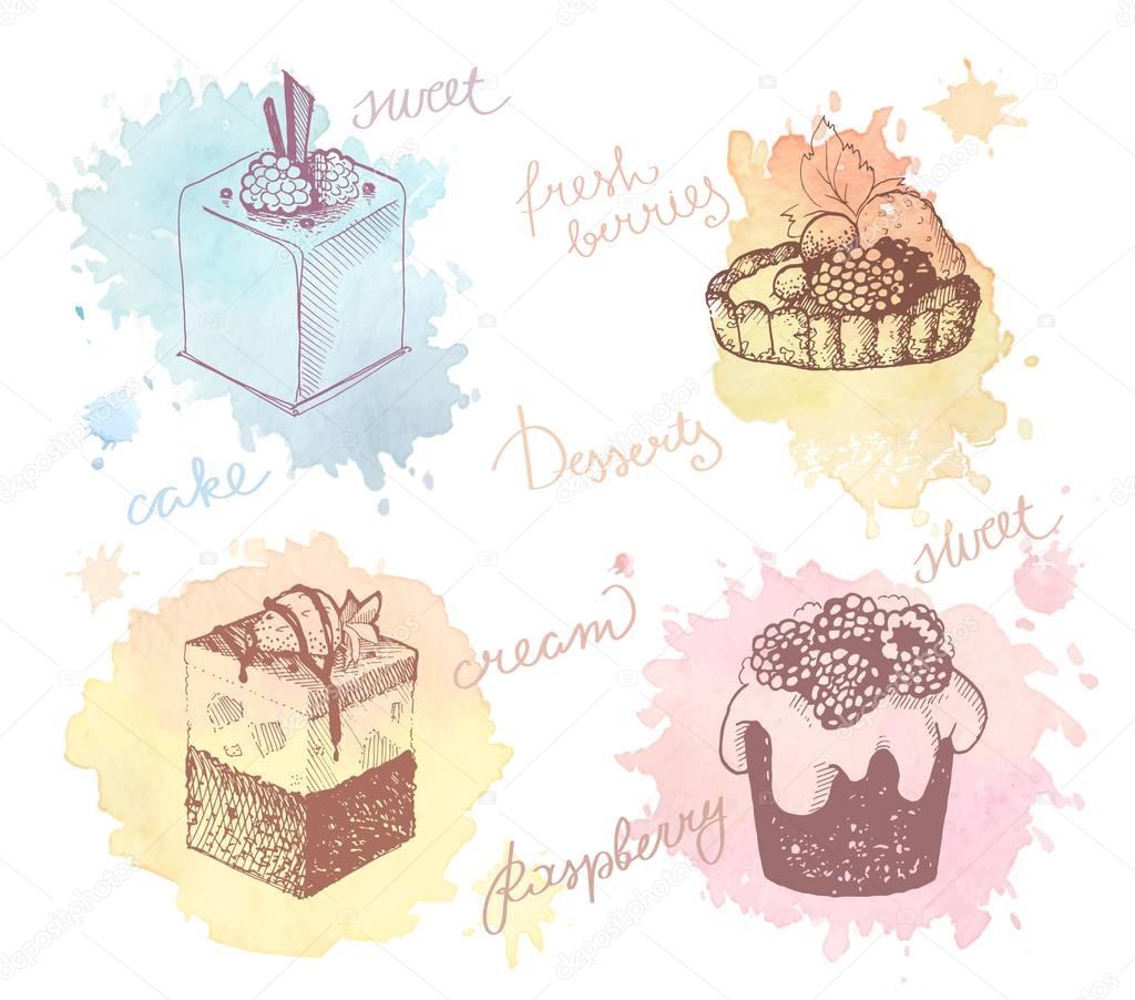 Colored sketches of cupcakes, berry pie and cake