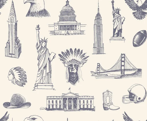 Fond sans couture avec des croquis de symboles des États-Unis — Image vectorielle