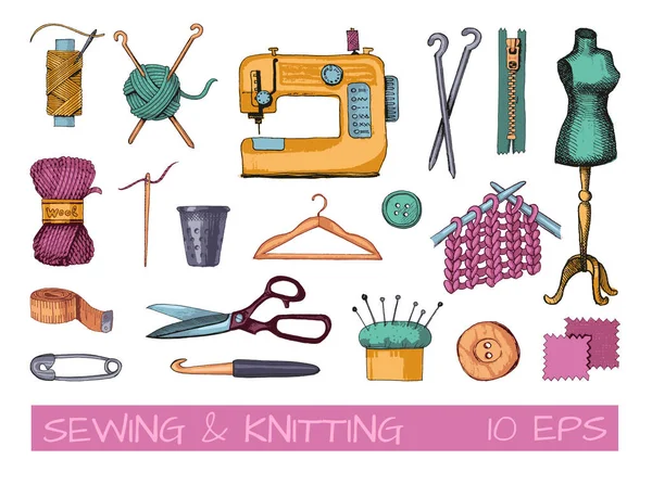 Bocetos de herramientas y materiales para coser y tejer — Vector de stock