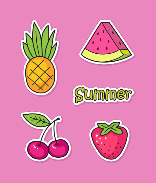 Vicces matricák nyári gyümölcsök és bogyók — Stock Vector