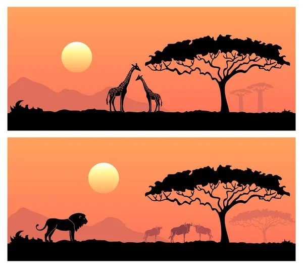 Paisaje africano con animales salvajes — Vector de stock