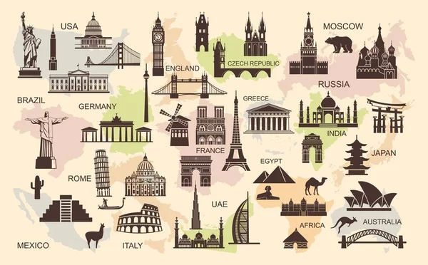 Icons world tourist attractions — Stock Vector