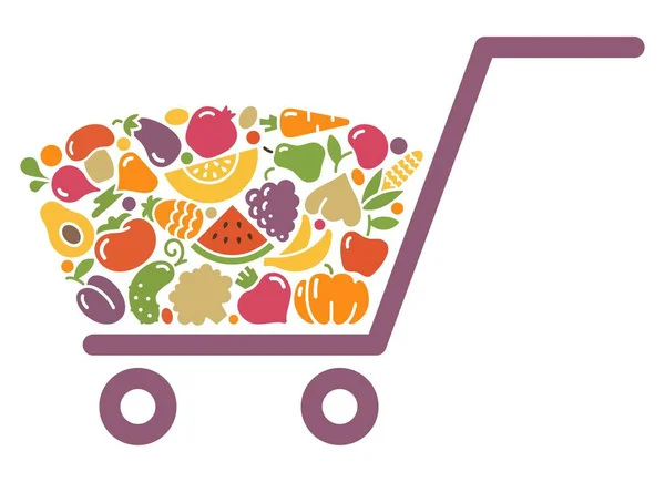 सब्जियों और फलों की एक शॉपिंग कार्ट की शैलीकृत छवि — स्टॉक वेक्टर