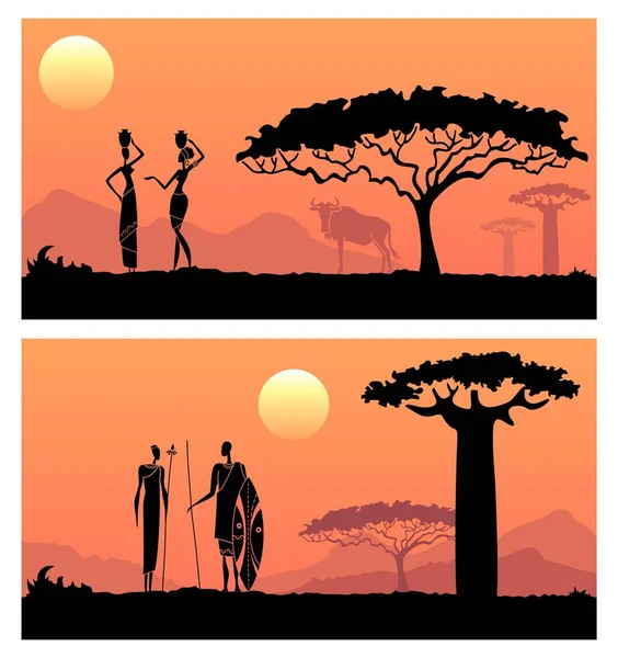 アフリカの日没に対するアフリカの男性と女性 — ストックベクタ