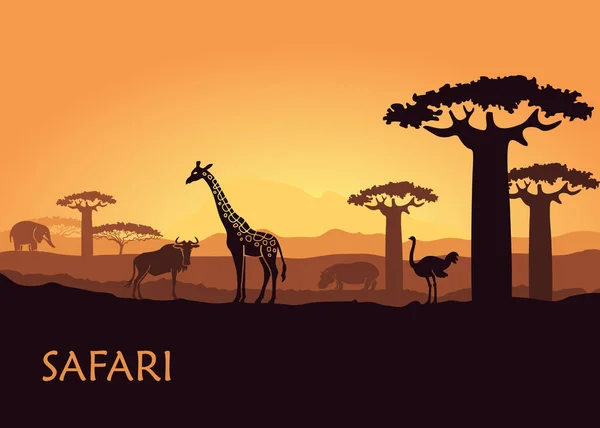 Paisaje africano con animales salvajes — Vector de stock