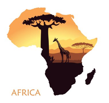 Günbatımı manzara Savannah, zürafa, baobab ve akasya ile Afrika Haritası. Vektör arka plan