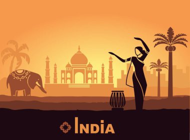 Stilize manzara Hindistan Taj Mahal, bir fil ve bir dansçı. Vektör arka plan