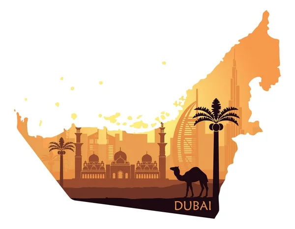 Skyline de Dubaï avec chameau sous la forme d'une carte des Émirats arabes unis — Image vectorielle