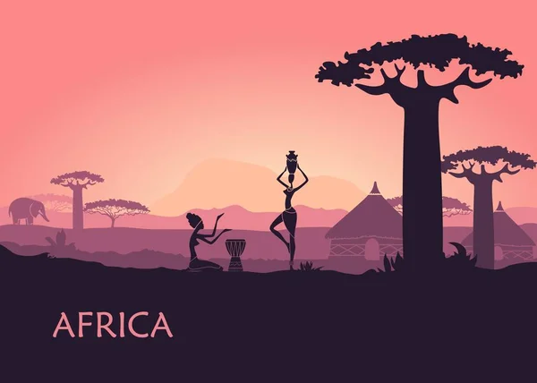 Африканская женщина на фоне заката в Кении. Пейзаж Африки, баобабы и традиционные хижины — стоковый вектор