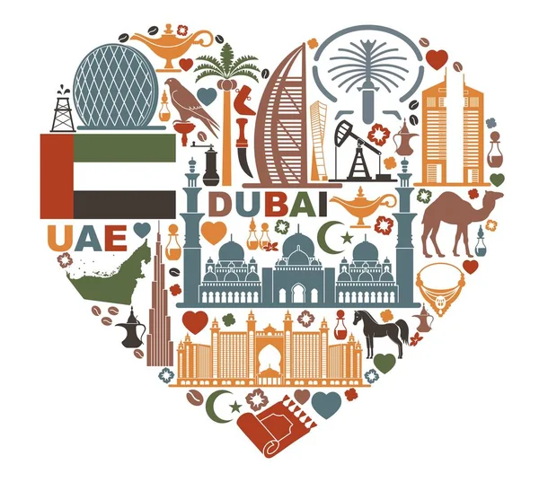The heart is composed of the traditional symbols of Dubai and United Arab Emirates — Stock Vector