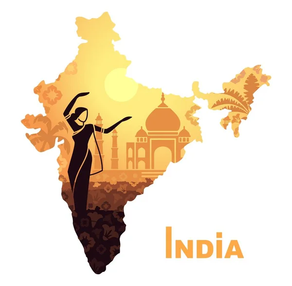 Mapa s krajinou Indie a tančící ženy na pozadí Taj Mahal — Stockový vektor