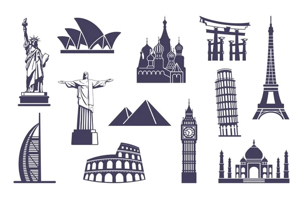 Иконки мировых достопримечательностей. Архитектурные памятники разных стран — стоковый вектор