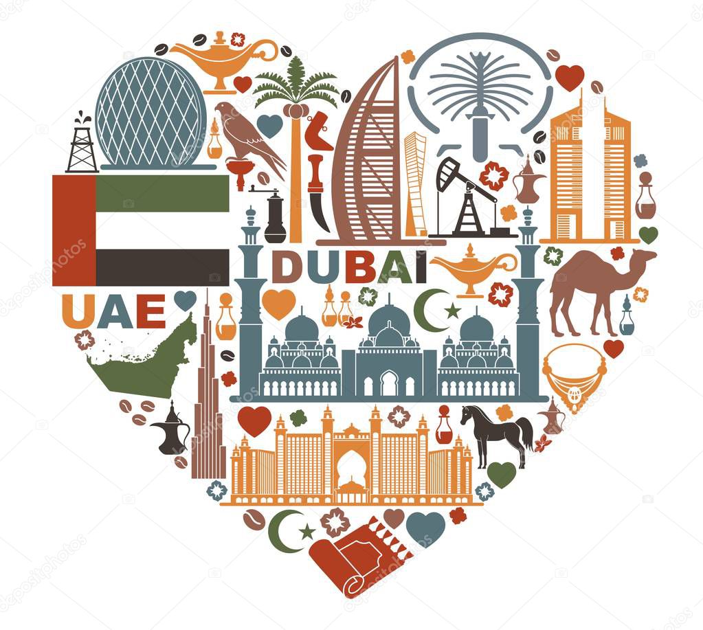 The heart is composed of the traditional symbols of Dubai and United Arab Emirates