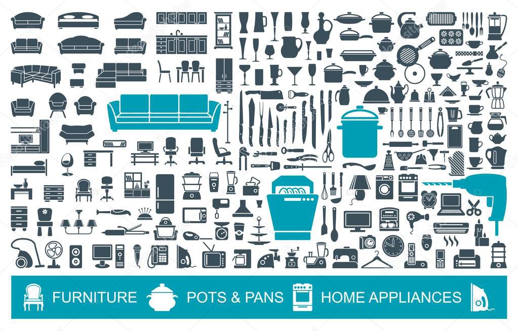 Big set of quality icons household items. Furniture, kitchenware, appliances. Home symbols