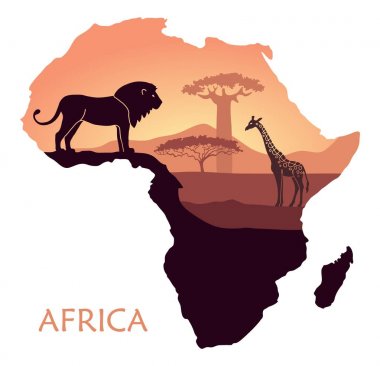 Günbatımı manzara Savannah, aslan, zürafa, baobab ve akasya ile Afrika Haritası. Vektör arka plan