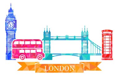 Poligonal tarzı geleneksel semboller Londra. Big Ben, tower Köprüsü, Çift katlı, kırmızı telefon kulübesi