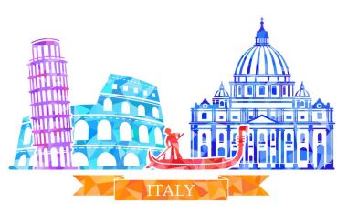 Poligonal tarzı geleneksel semboller İtalya. Colosseum, leaning tower, şair, St. Peter s Cathedral.