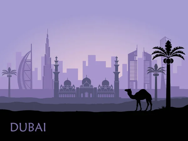 Skyline de Dubai com camelo e tamareira. Emirados Árabes Unidos —  Vetores de Stock