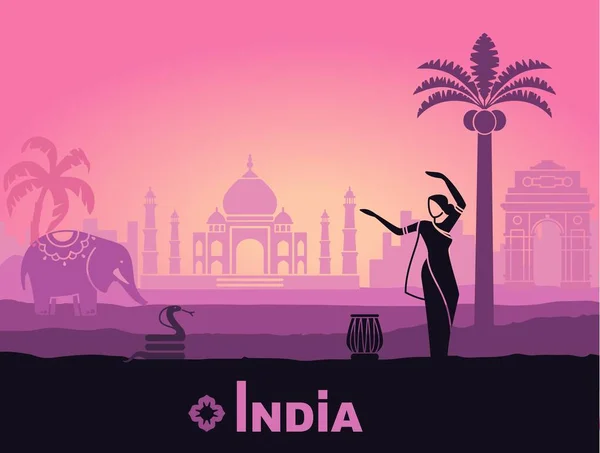 Paysage stylisé de l'Inde avec le Taj Mahal, un éléphant et un danseur. Fond vectoriel — Image vectorielle