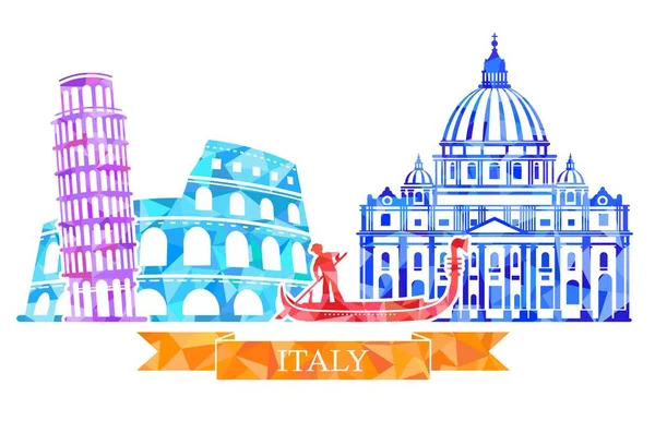 Traditional symbols of Italy in polygonal style. The Colosseum, leaning tower, gondolier, St. Peter s Cathedral. — Stock Vector