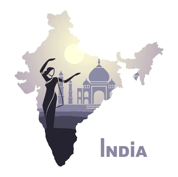 El mapa con el paisaje de la India y una mujer bailando en el fondo del Taj Mahal — Vector de stock