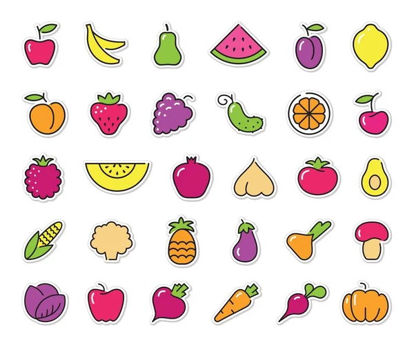 Eenvoudige pictogrammen van groenten en fruit. Vector stickers — Stockvector