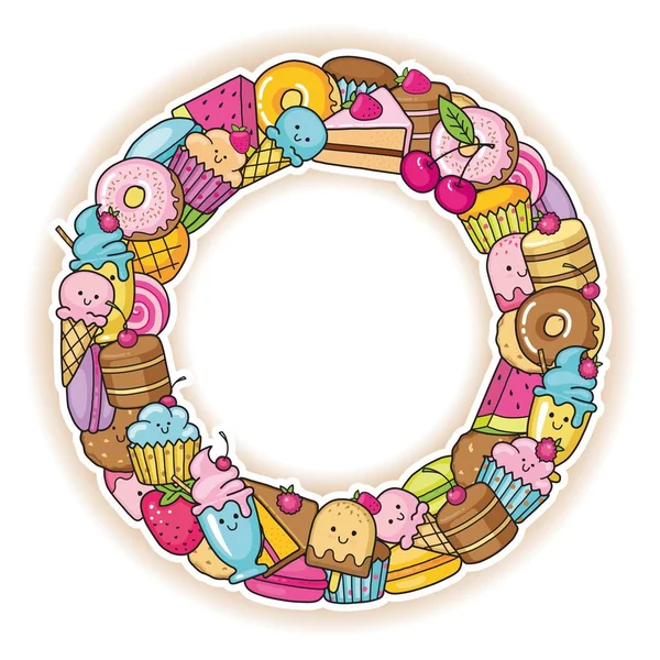 Смешные иконы забавных сладостей, фруктов и мороженого. Пончики, кексы, торты и печенье — стоковый вектор