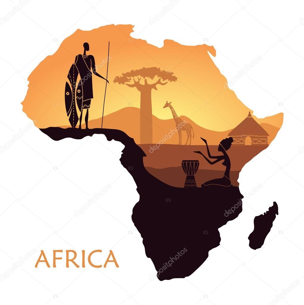 Map of Africa with the landscape of sunset in the Savannah, warrior, woman and giraffe. Vector background