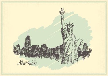 Özgürlük heykeli ve new York Panoraması kroki ile Vintage kartpostal