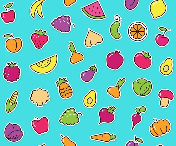 Fundo sem costura com adesivos de legumes e frutas —  Vetores de Stock