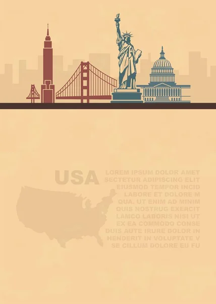 Folletos de plantillas con un mapa y monumentos arquitectónicos de los Estados Unidos y lugar para el texto sobre papel viejo — Vector de stock