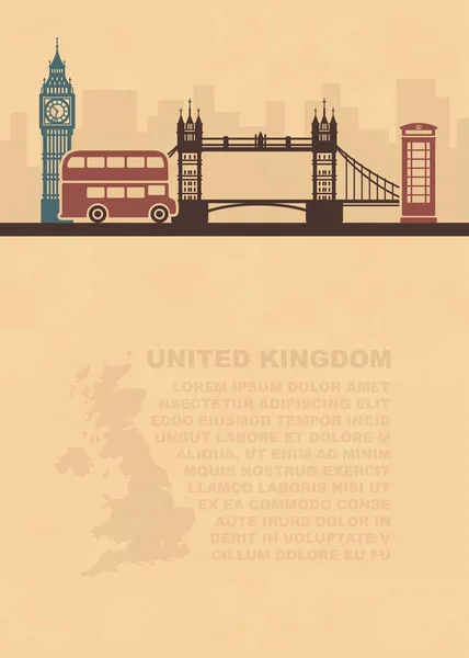 Flugblätter mit einer Karte von Großbritannien und Sehenswürdigkeiten Londons — Stockvektor