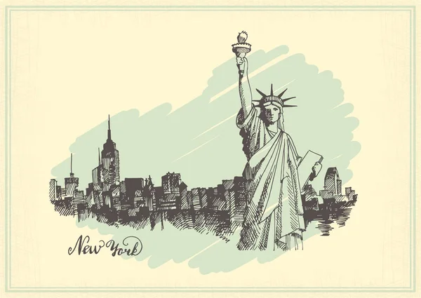 Carte postale vintage avec croquis de la statue de la liberté et panorama de New York — Image vectorielle