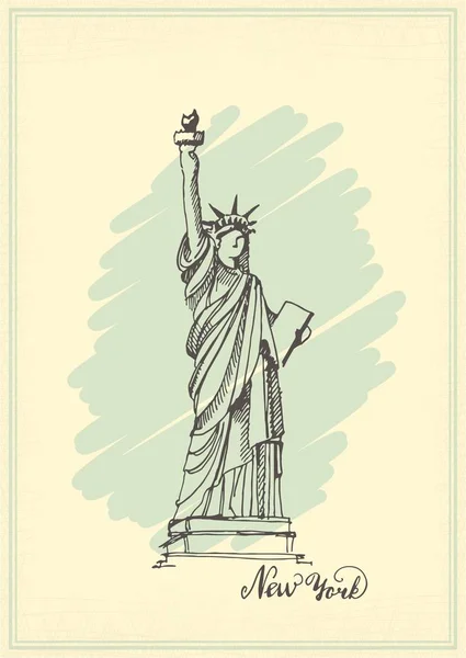 Cartolina d'epoca con uno schizzo della statua della libertà. Disegno a mano d'inchiostro. Illustrazione vettoriale — Vettoriale Stock