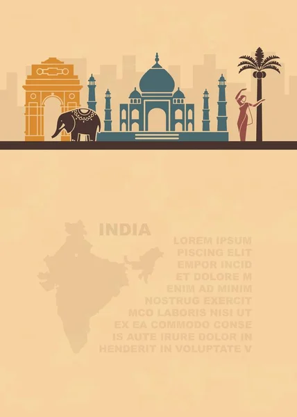 Folletos de plantillas con un mapa y monumentos arquitectónicos de la India y lugar para el texto sobre papel viejo — Archivo Imágenes Vectoriales