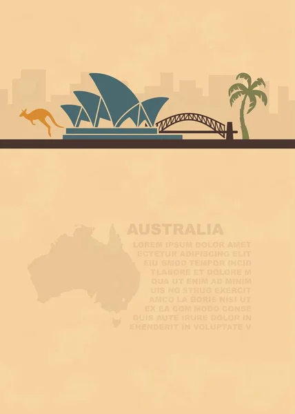 Šablona letáky s mapou a symboly Austrálie a místo pro text na starý papír — Stockový vektor