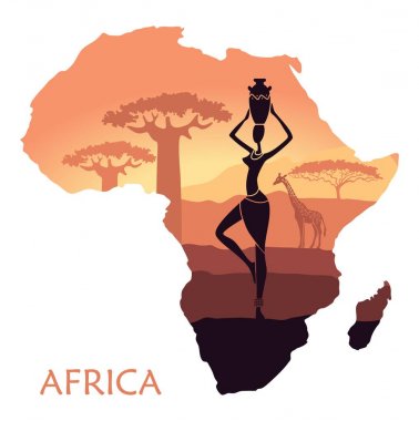 Günbatımı manzara savana, kadın, bir zürafa ve baobab ile Afrika Haritası. Vektör arka plan