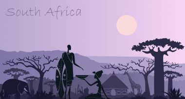 Arka plan ile Güney Afrika Hayvanlar, bir savaşçı ve bir kadın, yatay