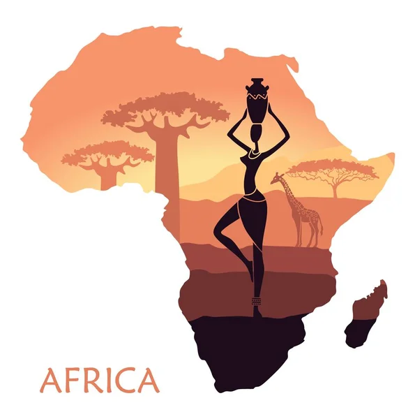 Afrika Térkép és a táj, naplemente, a Savannah, a nő, egy zsiráf, a baobab. Vector háttér — Stock Vector