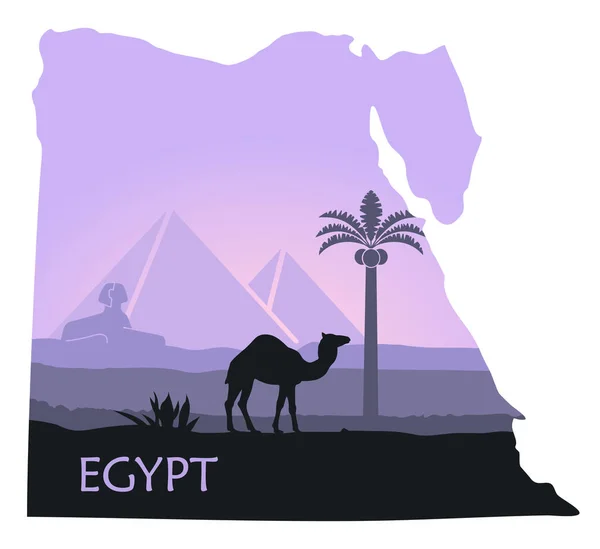 Το τοπίο της Αιγύπτου με μια καμήλα, οι πυραμίδες και η Σφίγγα με τη μορφή των χαρτών — Διανυσματικό Αρχείο