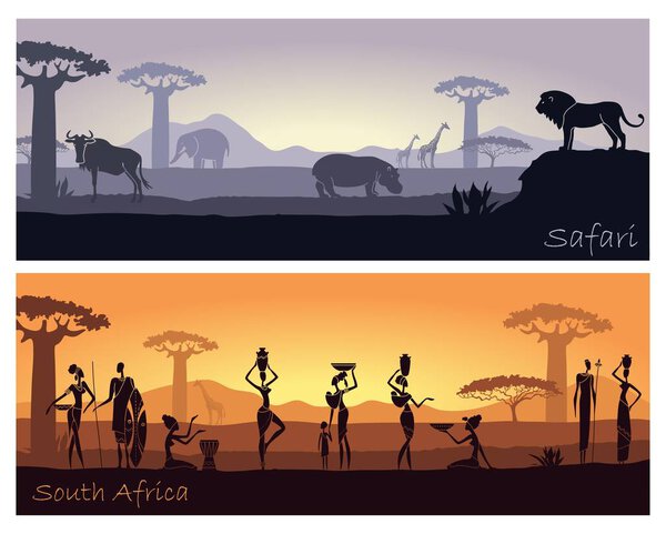 African landscape with people and animals