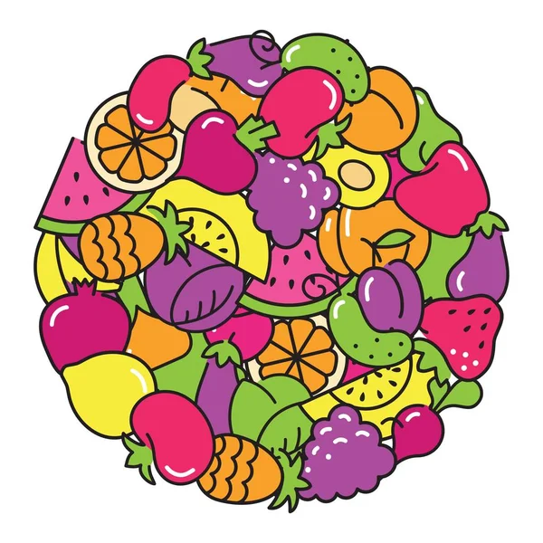 รูปภาพที่สนุกของผักและผลไม้ในรูปแบบของวงกลม — ภาพเวกเตอร์สต็อก