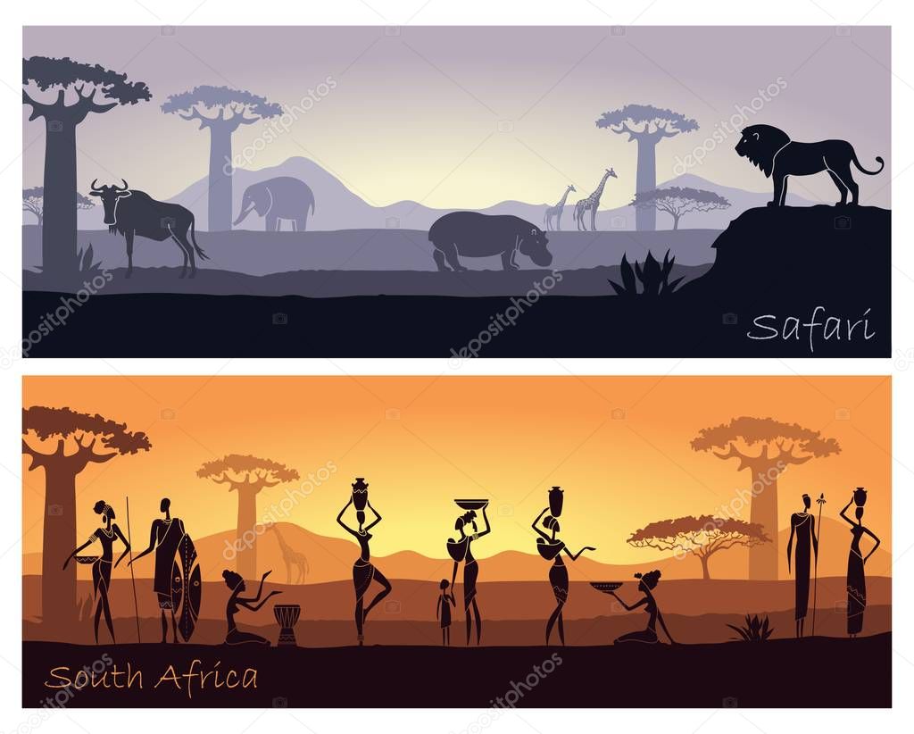 African landscape with people and animals