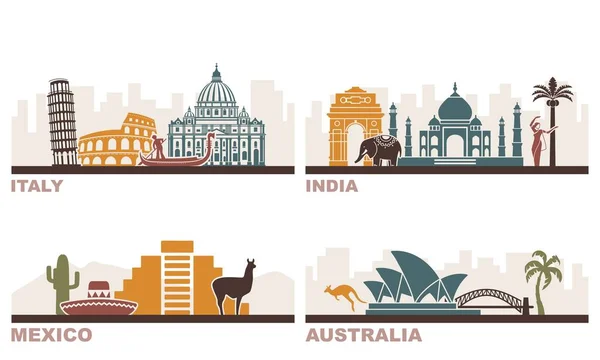 Itálie, Indie, Mexiko, Austrálie. Architektonické památky po celém světě. — Stockový vektor